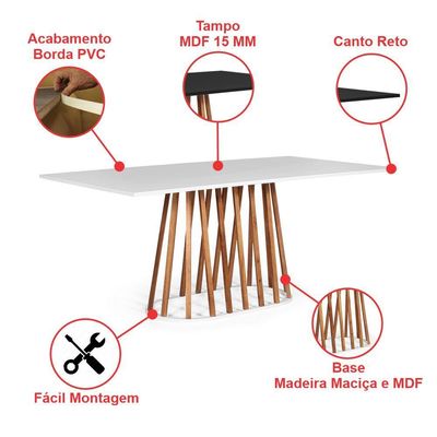 Mesa De Jantar Retangular 8 Lugares 200x90cm Base Madeira Gabi Branca - Straub Web