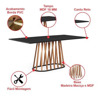 Mesa De Jantar Retangular 6 Lugares 160x90cm Base Madeira Gabi Preta - Straub Web