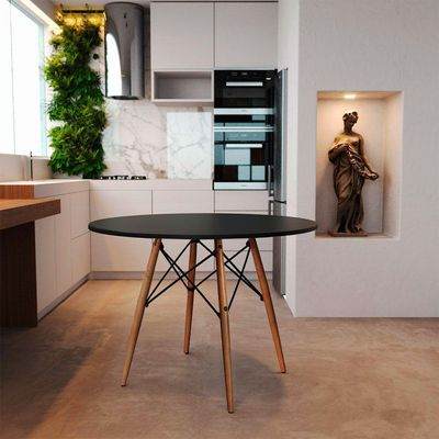 Mesa De Jantar Eiffel Redondo Tampo De Madeira 90cm Preto - Cor: Preto