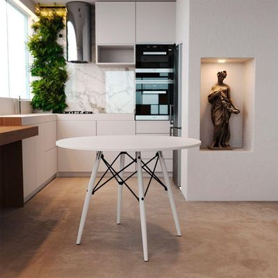 Mesa De Jantar Eames Eiffel Branca 90cm Base Madeira Maciça Branca - Cor: Branco