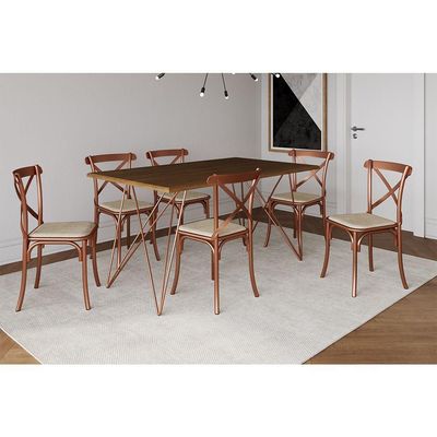 Mesa De Jantar Industrial Com 6 Cadeiras Cobre Premium Cobre E Amêndoa 150 Cm - Marrom