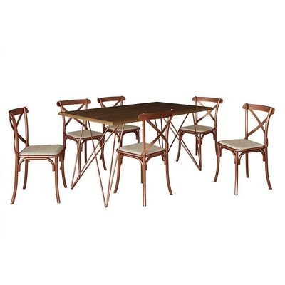 Mesa De Jantar Industrial Com 6 Cadeiras Cobre Premium Cobre E Amêndoa 150 Cm - Marrom