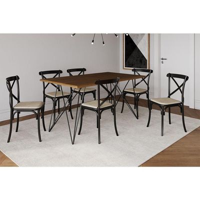 Mesa De Jantar Industrial Com 6 Cadeiras Katrina Preto Trama Premium Amêndoa 150 Cm - Cor: Marrom