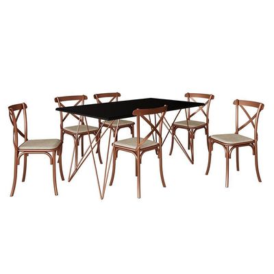 Mesa De Jantar Industrial Com 6 Cadeiras Cobre Premium Cobre E Preto 150 Cm - Marrom