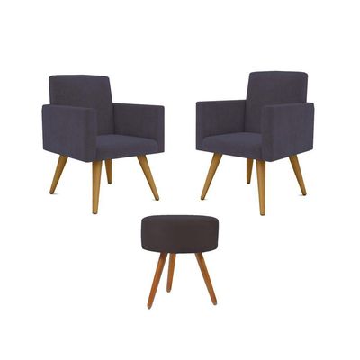 Kit 02 Poltronas Decorativas + Puff Decorativo Redondo Sala Cor:cinza
