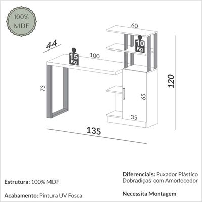 Escrivaninha em MDF 5 Prateleiras 1 Porta 135 cm Freijó/Preto Fosco Pradel Dalla Costa F17