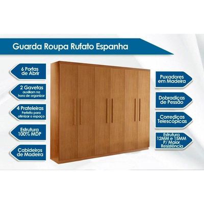 Guarda Roupa 6 Portas E 2 Gavetas Espanha Naturale-grafite - Rufato