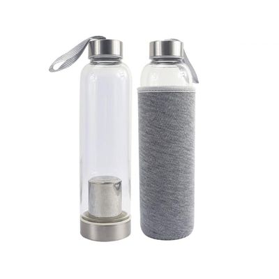 Garrafa Infusora Vidro Portátil 550ml Alça Cinza