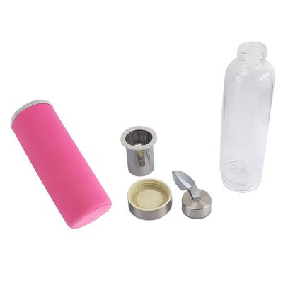 Garrafa Infusora Vidro Portátil 550ml Alça Rosa