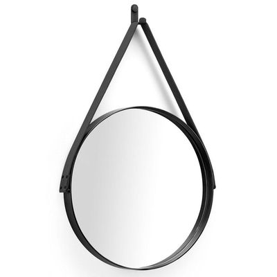 Espelho Redondo 50cm Preto Escandinavo Com Alça de Couro