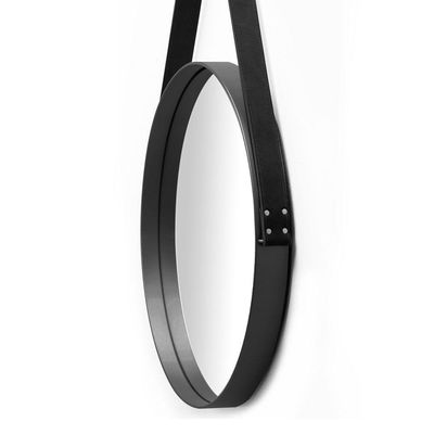 Espelho Redondo 50cm Preto Escandinavo Com Alça de Couro