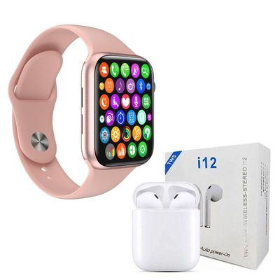 Kit 1 SmartWatch Rosa Troca Pulseira + 1 Fone Bt i12 TWS