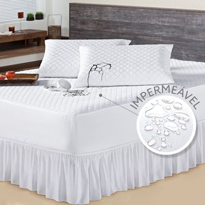 Kit Protetor Casal King + 2 Porta Travesseiro Impermeável com Saia Box Branco
