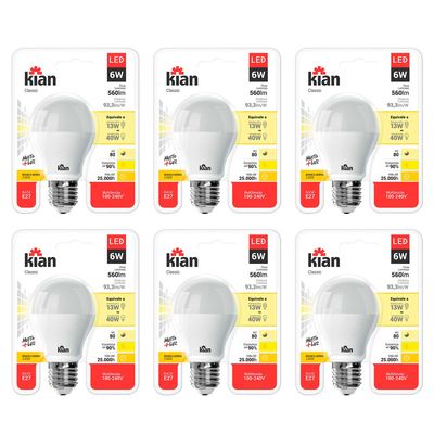 Kit com 6 Lâmpadas Led 6W Kian Classic Amarela Bivolt