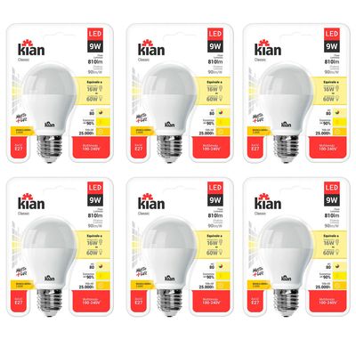 Kit com 6 Lâmpadas Led 9W Kian Amarela Bivolt