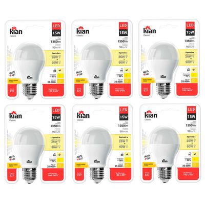 Kit com 6 Lâmpadas Led 15W Kian Amarela Bivolt