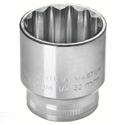 Soquete Estriado 32 Mm Encaixe 1/2" Em Aço Cromo Vanádio Com Acabamento Cromado