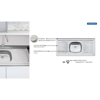Pia de Apoio Tramontina New Raggi 40 em Aço Inox 120 x 52 cm