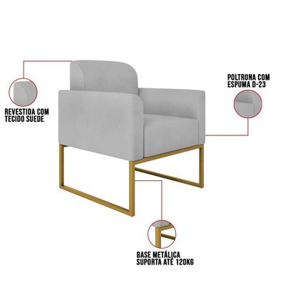 Kit 01 Namoradeira E 02 Poltronas Marisa Suede Cinza Base Industrial Metálica Dourado D\'rossi