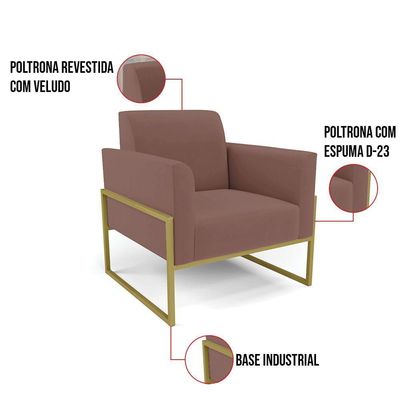 Poltrona Base Industrial Alta Dourado Marisa Veludo Rosê D03 - D\'rossi