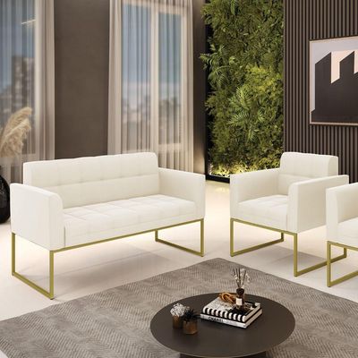 Kit 1 Sofá Namoradeira E 1 Poltrona Elisa Veludo Bege Base Metálica Industrial Dourado - D\'rossi