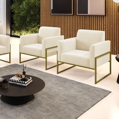 Kit 2 Poltronas Base Industrial Alta Dourado Marisa Veludo Bege D03 - D\'rossi