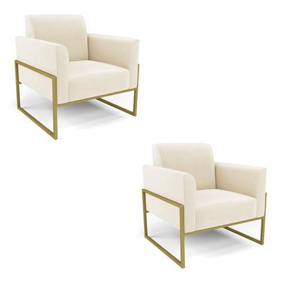 Kit 2 Poltronas Base Industrial Alta Dourado Marisa Veludo Bege D03 - D\'rossi