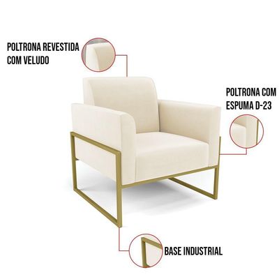 Kit 2 Poltronas Base Industrial Alta Dourado Marisa Veludo Bege D03 - D\'rossi