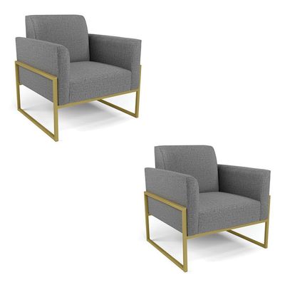 Kit 2 Poltronas Base Industrial Alta Dourado Marisa Linho Grafite A26 D03 - D\'rossi
