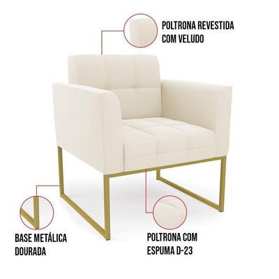 Poltrona Elisa Veludo Base Metálica Industrial Dourado - D\'rossi Cor Bege