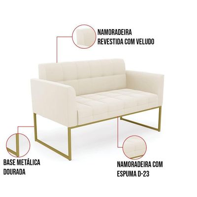 Kit 1 Sofá Namoradeira E 1 Poltrona Veludo Base Metálica Industrial Dourado - D\'rossi Cor Bege