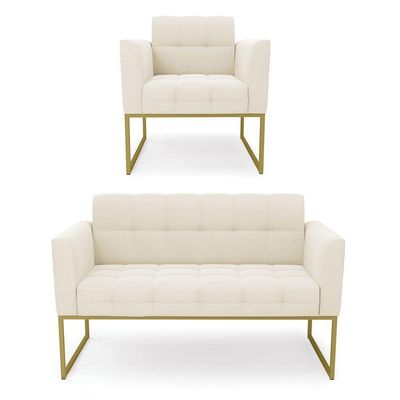Kit 1 Sofá Namoradeira E 1 Poltrona Veludo Base Metálica Industrial Dourado - D\'rossi Cor Bege