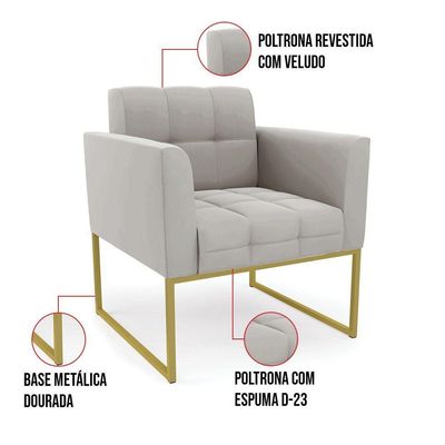 Poltrona Elisa Veludo Base Metálica Industrial Dourado - D\'rossi Cor Cinza