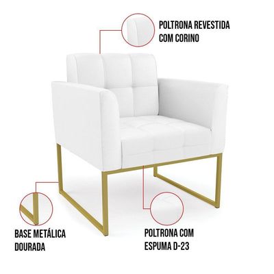 Poltrona Elisa Corino Base Metálica Industrial Dourado - D\'rossi Cor Branco