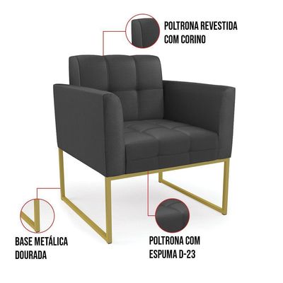 Poltrona Elisa Corino Base Metálica Industrial Dourado - D\'rossi Cor Preto