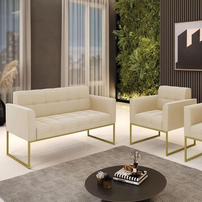 Kit 1 Sofá Namoradeira E 1 Poltrona Elisa Suede Base Metálica Industrial Dourado - D\'rossi Cor Bege