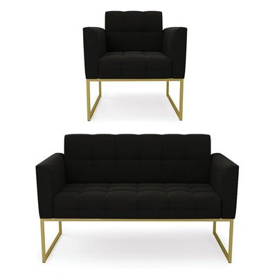 Kit 1 Sofá Namoradeira E 1 Poltrona Suede Base Metálica Industrial Dourado - D\'rossi Cor Preto
