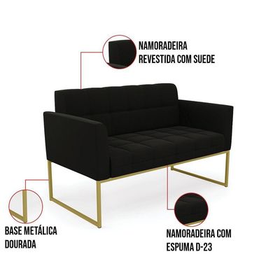 Kit 1 Sofá Namoradeira E 1 Poltrona Suede Base Metálica Industrial Dourado - D\'rossi Cor Preto