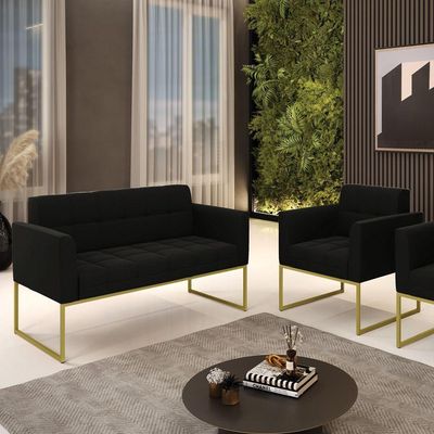 Kit 1 Sofá Namoradeira E 1 Poltrona Suede Base Metálica Industrial Dourado - D\'rossi Cor Preto