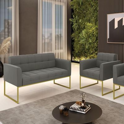 Kit 1 Sofá Namoradeira E 1 Poltrona Suede Base Metálica Industrial Dourado - D\'rossi Cor Grafite