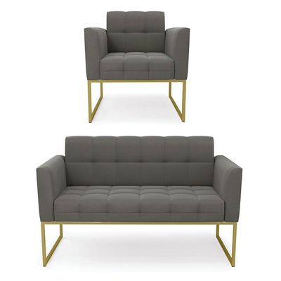 Kit 1 Sofá Namoradeira E 1 Poltrona Suede Base Metálica Industrial Dourado - D\'rossi Cor Grafite
