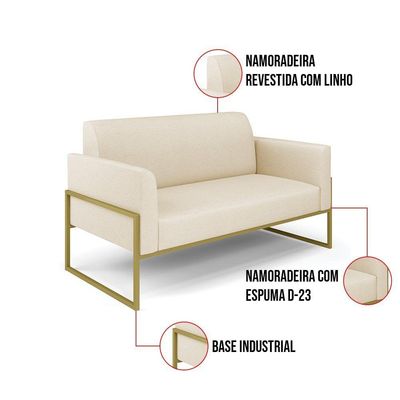 Sofá Namoradeira Base Industrial Alta Dourado Marisa Linho Bege A19 D03 - D\'rossi