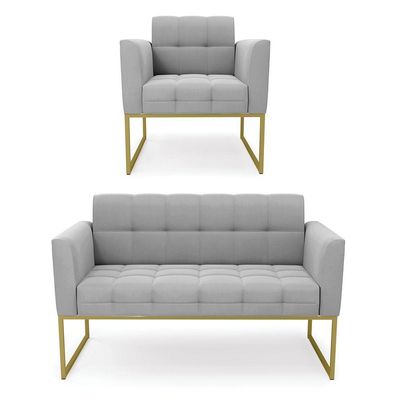 Kit 1 Sofá Namoradeira E 1 Poltrona Suede Base Metálica Industrial Dourado - D\'rossi Cor Cinza