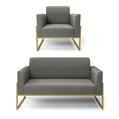Sofá Namoradeira Com Poltrona Base Industrial Alta Dourado Marisa Suede Grafite D03 - D\'rossi