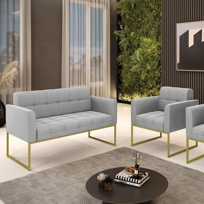 Kit 1 Sofá Namoradeira E 1 Poltrona Suede Base Metálica Industrial Dourado - D\'rossi Cor Cinza