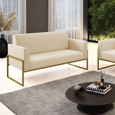 Sofá Namoradeira Base Industrial Alta Dourado Marisa Linho Bege A19 D03 - D\'rossi