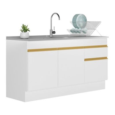 Balcão Cozinha Gabinete Pia 150cm Com Rodapé 3 Portas 1 Gaveta Veneza V2115 Branco/dourado