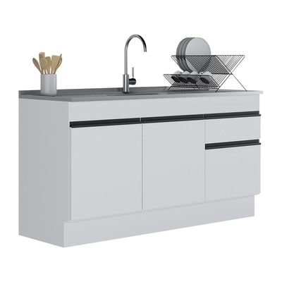 Balcão Cozinha Gabinete Pia 150cm Com Rodapé 3 Portas 1 Gaveta Veneza Multimóveis V2115 Branco/preto