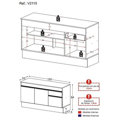 Balcão Cozinha Gabinete Pia 150cm Com Rodapé 3 Portas 1 Gaveta Veneza Multimóveis V2115 Branco/preto