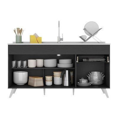 Balcão Cozinha Gabinete Pia 150cm 3 Portas 1 Gaveta Veneza Multimóveis V2072 Preto/branco